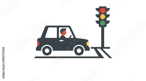 Car stopped at a red traffic light flat design illustration. Vector Illustrations. EPS Editable