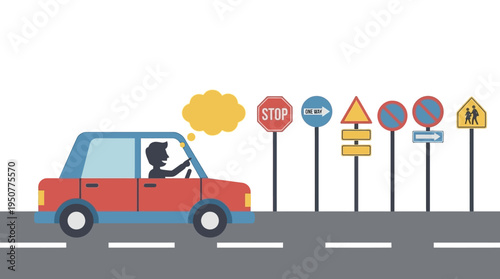 Cartoon Car Driving Past Road Signs on a Highway. Vector Illustrations. EPS Editable