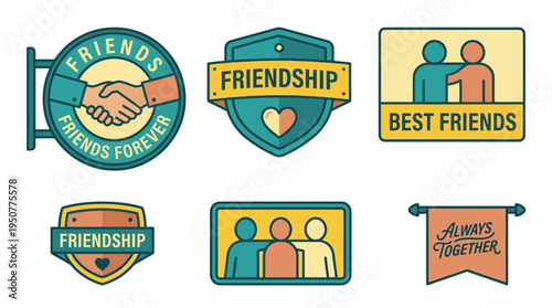 Cheerful Friendship Badges And Handshake Icons. Vector Illustrations. EPS Editable