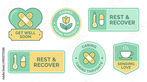 Cheerful Health Recovery Stickers for Rest and Wellness. Vector Illustrations. EPS Editable