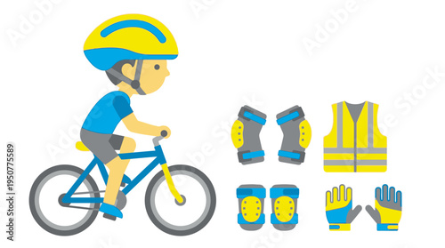 Child riding bicycle with safety gear set for outdoor activity. Vector Illustrations. EPS Editable