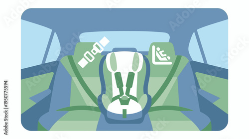 Child Safety Car Seat in Backseat of Vehicle with Seatbelts and ISOFIX Symbol. Vector Illustrations. EPS Editable