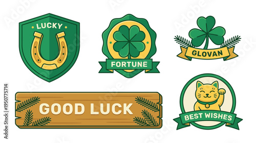 Collection of Good Luck Symbols and Icons. Vector Illustrations. EPS Editable