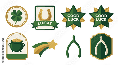 Collection of Lucky Charms and Symbols for Good Fortune. Vector Illustrations. EPS Editable