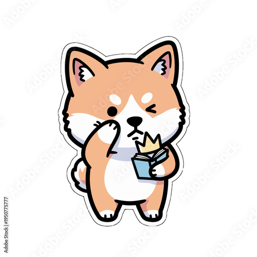Kawaii Shiba Inu dog cute sticker SVG vector. Adorable animal with tiny crown reads book, perfect for digital designs, charming illustration