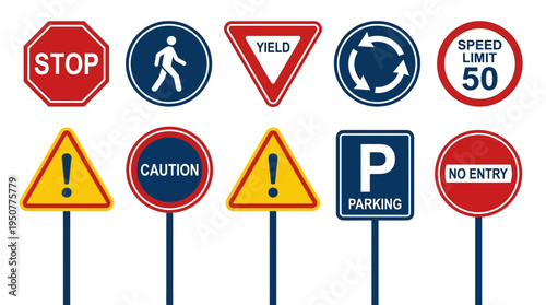 Collection of Road Traffic Signs and Safety Icons. Vector Illustrations. EPS Editable