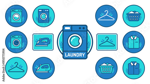 Colorful Laundry Icon Set For Home Use And Organization. Vector Illustrations. EPS Editable