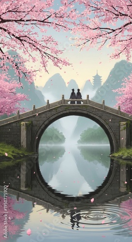 People on a Japanese style bridge under pink cherry blossom trees beside a lake and mountains
