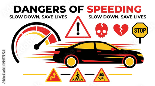 Dangers of Speeding Infographic Slow Down Save Lives. Vector Illustrations. EPS Editable