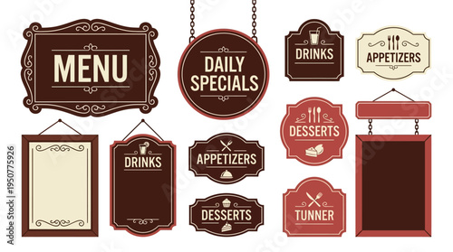 Colorful vintage menu signs for cafe and restaurant decor. Vector Illustrations. EPS Editable