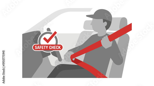 Driver and Passenger Inside Car Demonstrating Seatbelt Safety Check. Vector Illustrations. EPS Editable
