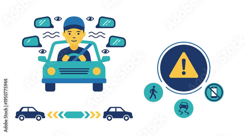 Driver awareness and safe driving practices illustration. Vector Illustrations. EPS Editable