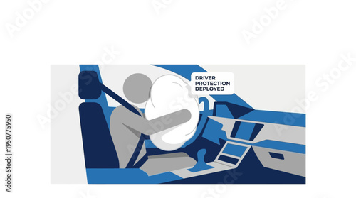 Driver Protection Deployed Airbag and Seatbelt Safety in Car Interior. Vector Illustrations. EPS Editable
