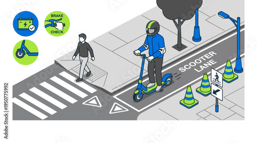 Electric Scooter Lane with Pedestrian Crossing and Safety Icons. Vector Illustrations. EPS Editable