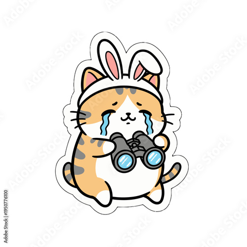 Adorable kawaii crying cat with bunny ears and binoculars, a charming cute sticker vector illustration perfect as a scalable SVG graphic artwork