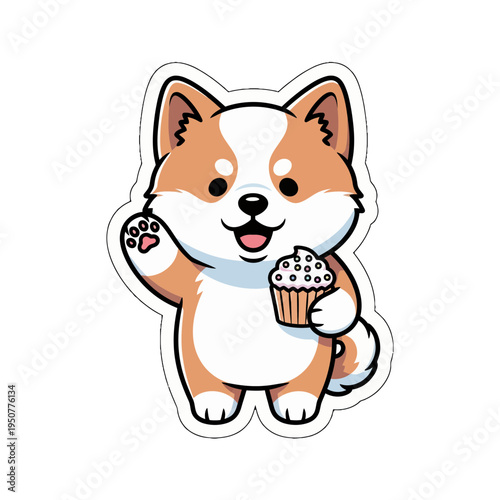Adorable kawaii brown and white dog holding a delicious cupcake, a cute sticker svg vector illustration perfect for playful designs and sweet projects for kids