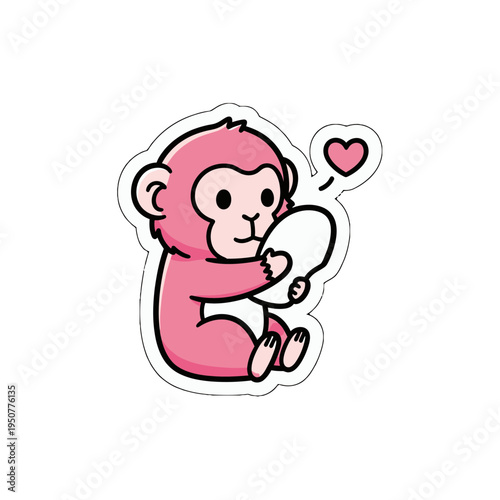 Adorable pink monkey admiring reflection in a mirror, a charming kawaii cute sticker svg vector illustration celebrating self-love and happiness