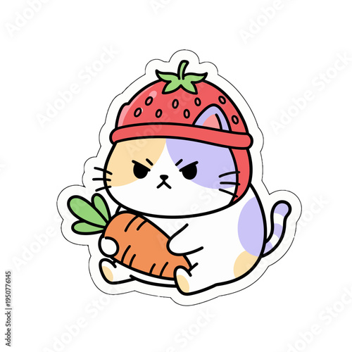 Adorable grumpy kawaii cat illustration wearing a strawberry hat and holding a fresh carrot, a charming cute sticker svg vector graphic for playful designs