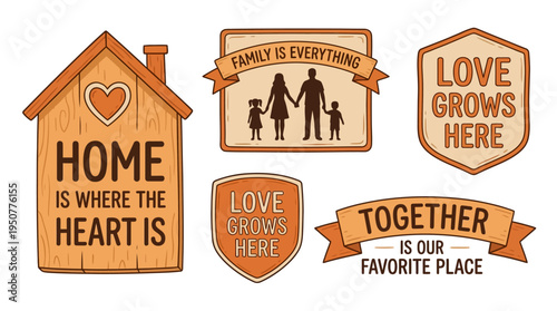 Heartfelt Home and Family Unity Symbols Collection. Vector Illustrations. EPS Editable