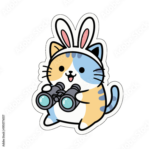 Adorable kawaii cat with bunny ears and binoculars, a charming cute sticker illustration, perfect as an editable svg vector graphic resource for joyful designs