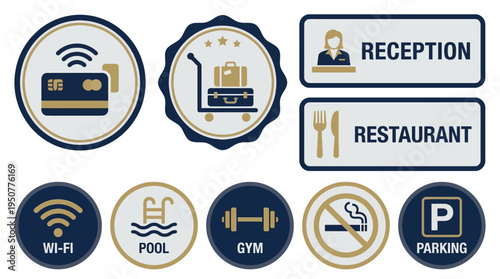 Hotel Amenities and Services Icons Collection. Vector Illustrations. EPS Editable