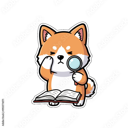Kawaii cute sticker svg vector of a shiba inu dog with magnifying glass and book, perfect for learning and discovery themes