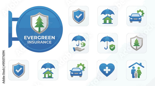 Insurance Icons and Shield Imagery Featuring Homes Cars and Hearts. Vector Illustrations. EPS Editable