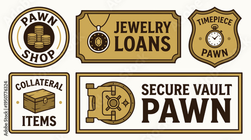 Pawn Shop and Jewelry Loans Vintage Labels Set. Vector Illustrations. EPS Editable