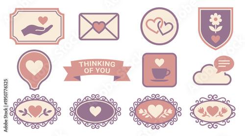 Pastel Valentine Stickers and Emblems Collection. Vector Illustrations. EPS Editable