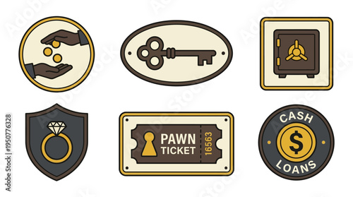 Pawn Shop and Loan Service Emblems with Money Key Safe Ring and Ticket Icons. Vector Illustrations. EPS Editable