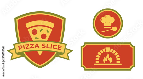 Pizza Slice Restaurant Logos and Icons Set with Oven and Chef Hat. Vector Illustrations. EPS Editable