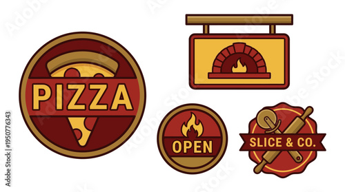 Pizza Signage Set Featuring Open Bakery Ovens. Vector Illustrations. EPS Editable