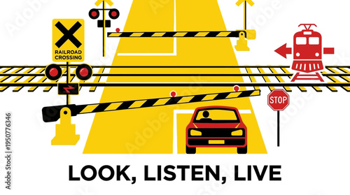 Railroad Crossing Safety Illustration with Car and Train. Vector Illustrations. EPS Editable