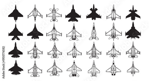 Fighter Jet Silhouettes and Aircraft Icons Top View Pattern for Aviation Design and Illustration