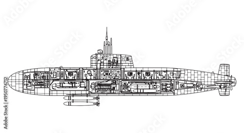 Submarine Cutaway Blueprint Showing Interior Cross-Section, Control Room, Crew Compartments and Torpedo Bay