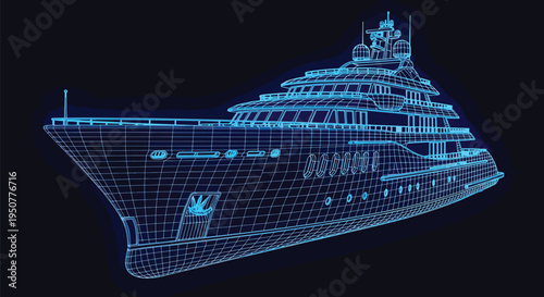 Luxury Yacht Wireframe 3D Blueprint Render — Neon Blue Digital Concept Of Modern Vessel Design