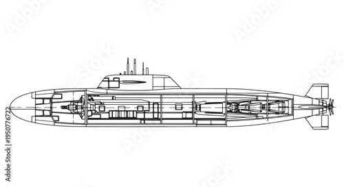 Submarine Cutaway Blueprint Showing Interior Cross-Section, Control Room, Crew Compartments and Torpedo Bay