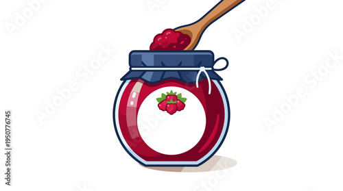 Raspberry jam jar with wooden spoon and label
