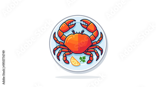 Flat design crab served on a plate with lemon and parsley
