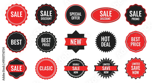 Red and Black Sale Badges and Labels Collection With Discount, New, Best Price and Limited Offers