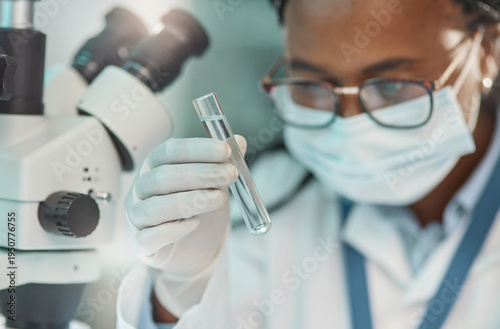 Obraz na płótnie Scientist, woman or hands in lab with test tube, experiment and cure development for medical research