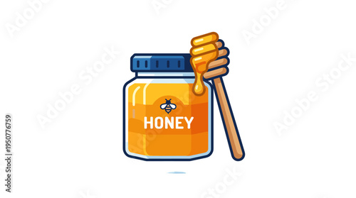 Flat design icon of honey jar with dipper and drip