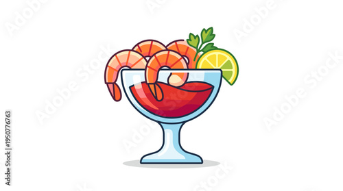 Flat design shrimp cocktail appetizer in a glass with lime garnish