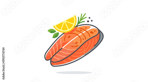 Flat design illustration of a grilled salmon fillet with lemon