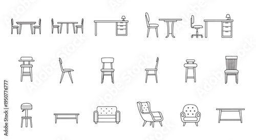 Furniture Icon Set: Line Art Chairs, Tables, Stools and Sofas for Interior and Office Design