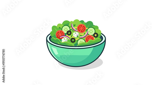 Green salad bowl with fresh ingredients in flat design