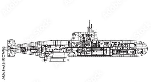 Submarine Cutaway Blueprint Showing Interior Cross-Section, Control Room, Crew Compartments and Torpedo Bay