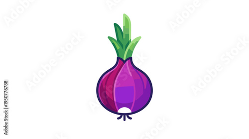 Flat design illustration of a red onion with green sprouts