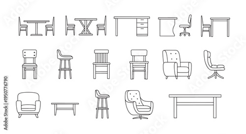 Furniture Icon Set of Chairs and Tables Line Art Collection for Interior Design