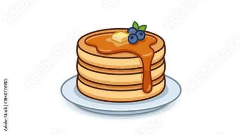 Stack of pancakes with syrup, butter, and blueberries